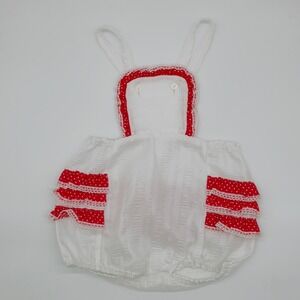 Vintage Baby Girl White Ruffle Bunny Romper Overalls Red Polka Dot Size 3